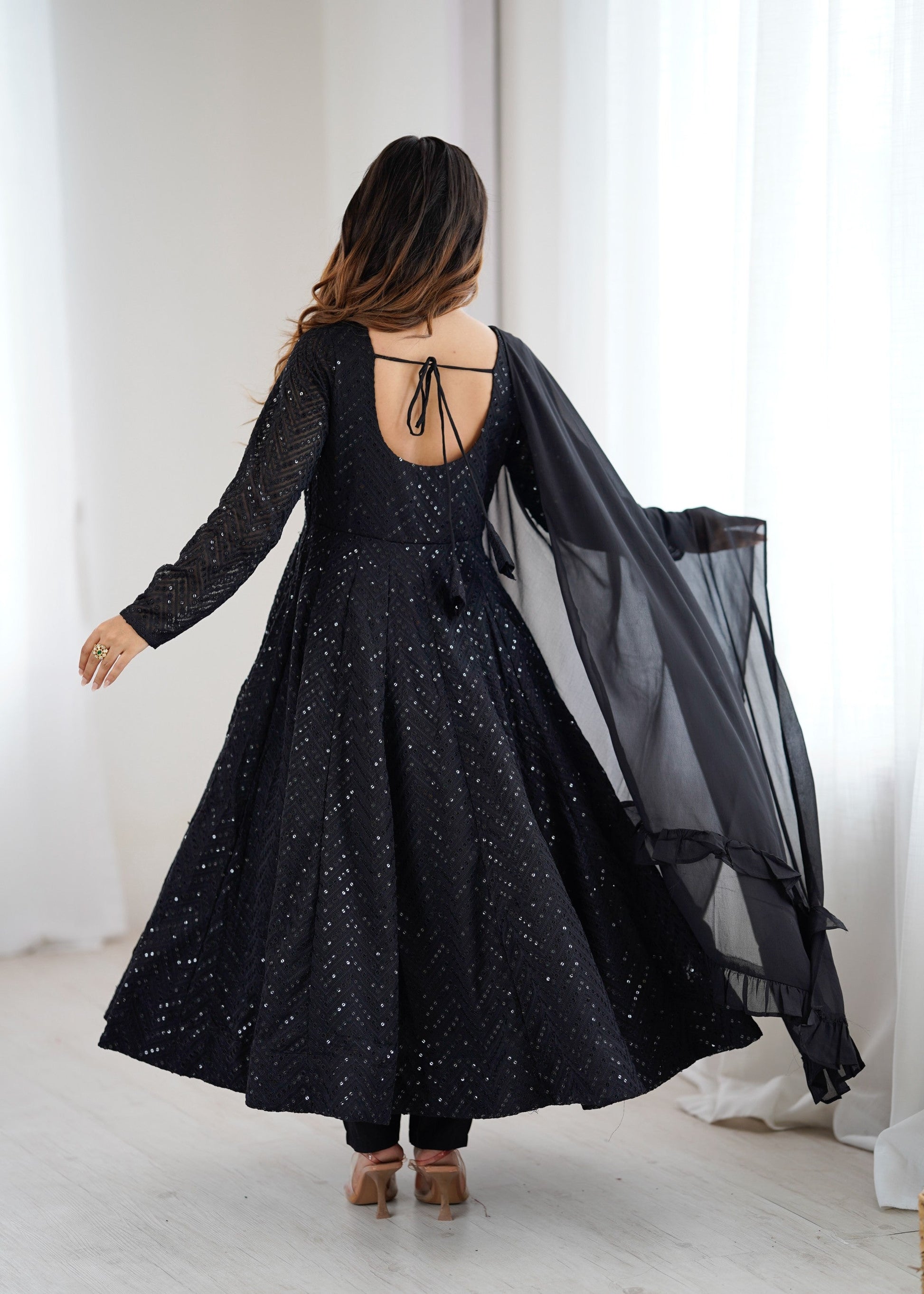 Lorenvalley Fashion Black Faux Georgette Lucknowi Sequence Work Anarkali Kurta Pant With Dupatta Set