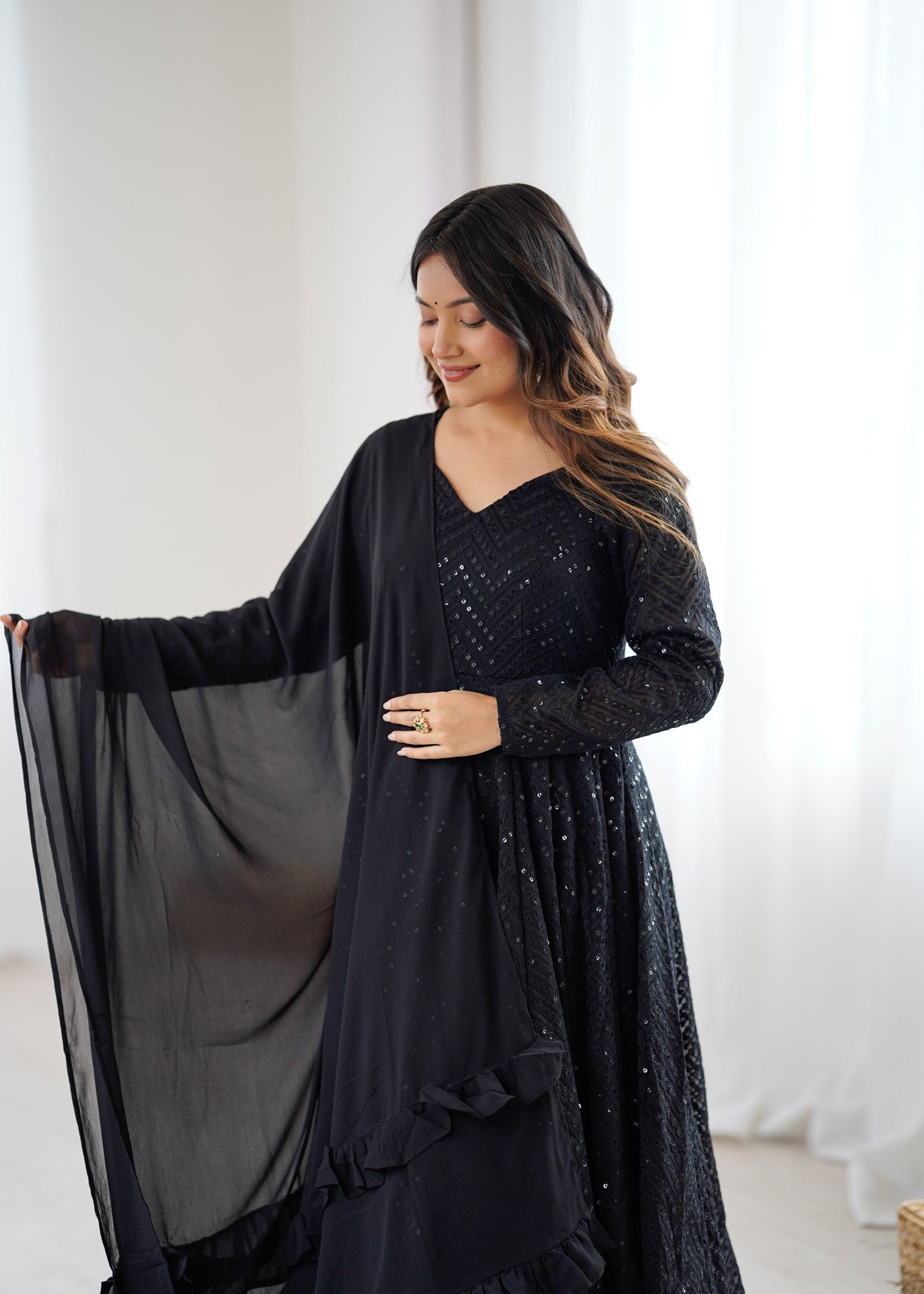 Lorenvalley Fashion Black Faux Georgette Lucknowi Sequence Work Anarkali Kurta Pant With Dupatta Set