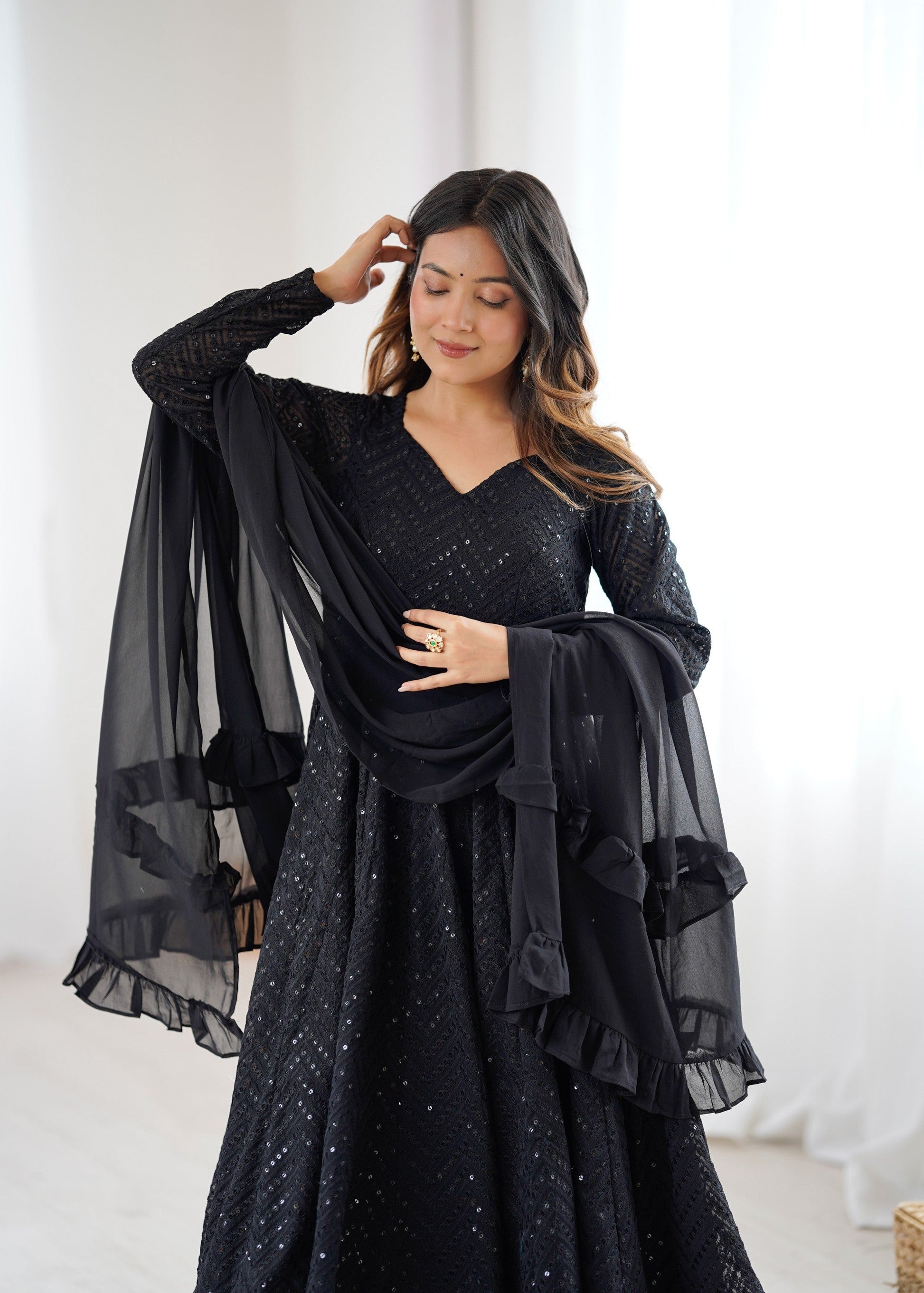 Lorenvalley Fashion Black Faux Georgette Lucknowi Sequence Work Anarkali Kurta Pant With Dupatta Set