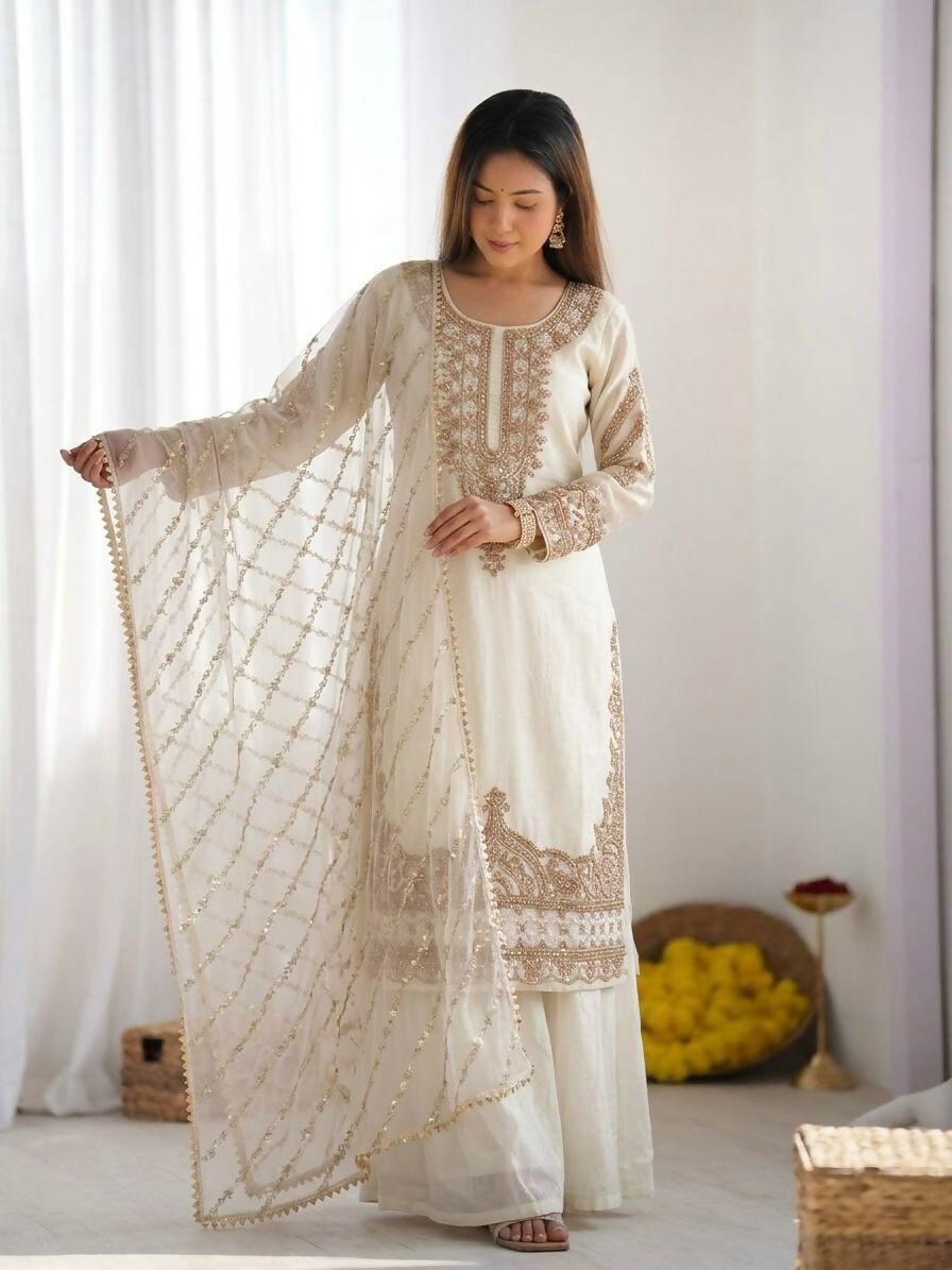 Teeya Creation Womens New Trendy Stylish Fancy Embroidery Beads Work Kurta Sharara Set For Wedding Wear - White