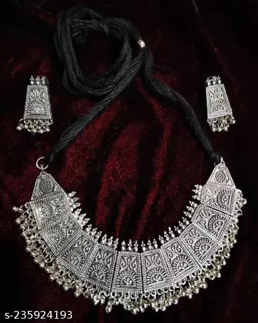 Tehzeeb Creations Women's German Silver Oxidised Necklace And Earrings Set Tehzeeb Creations