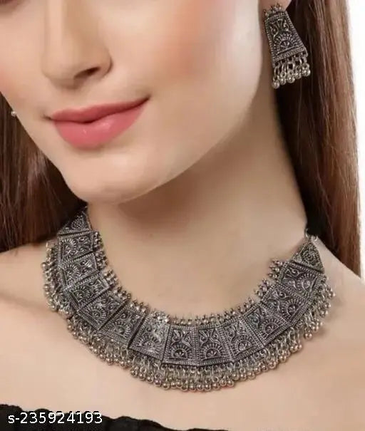 Tehzeeb Creations Women's German Silver Oxidised Necklace And Earrings Set Tehzeeb Creations
