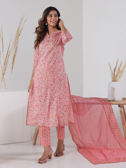 HERE&NOW Women Pink Floral Printed Pure Cotton Kurta with Trousers & With Dupatta