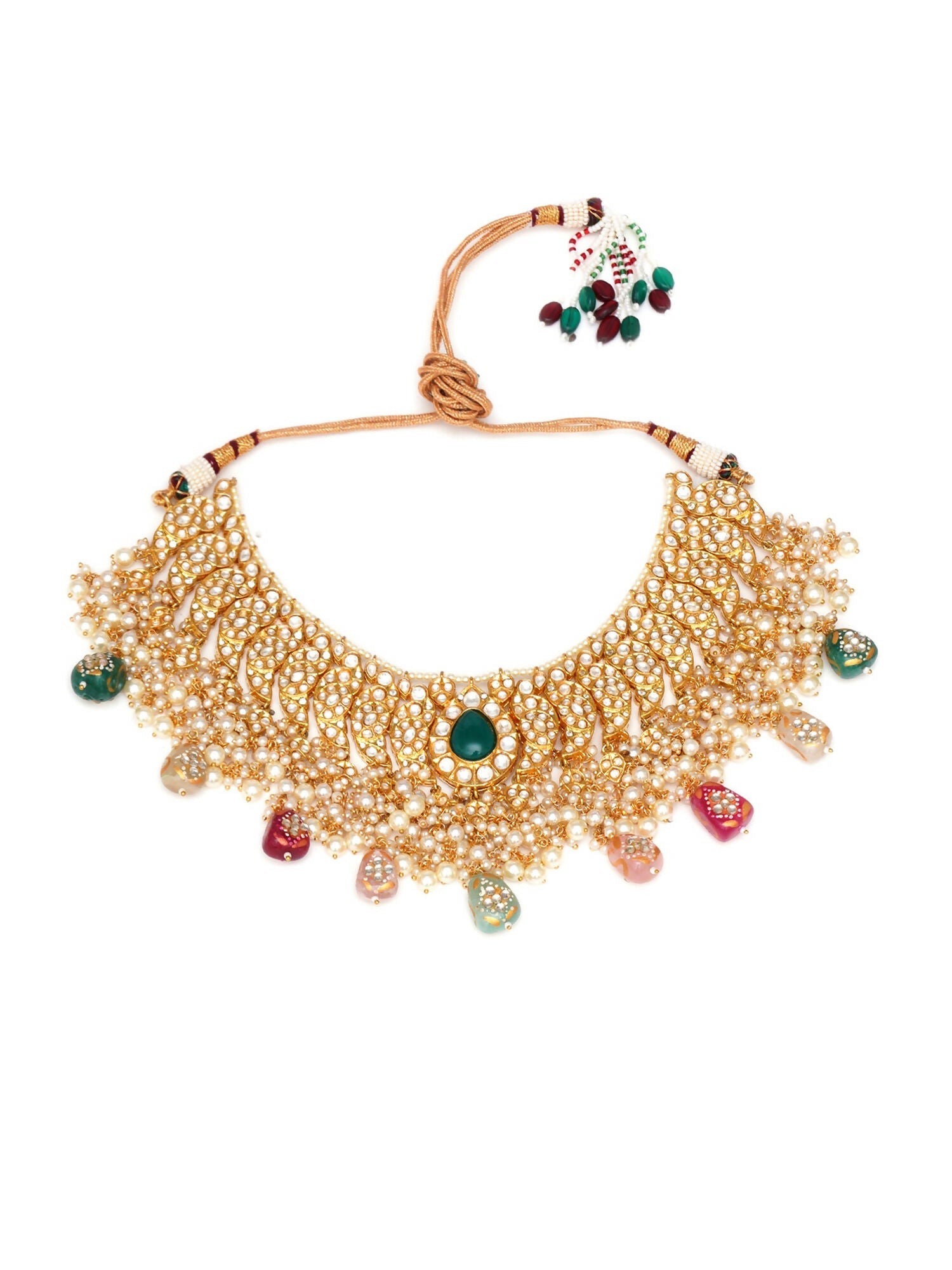 Kundan Choker with Matching Earrings & Maang Tikka Jewellery Set (Gold) - Ruby Raang - Grab2buy