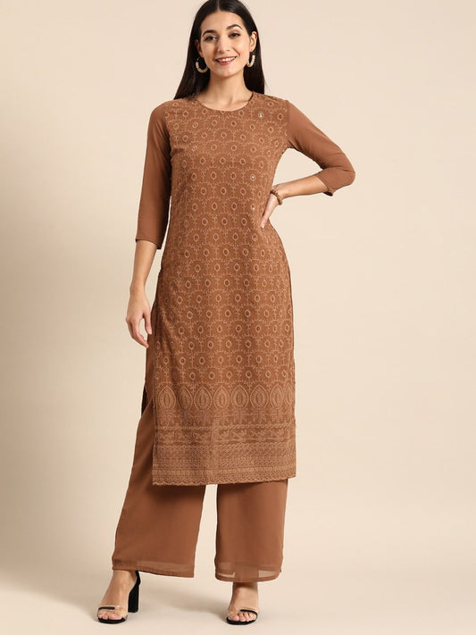 All About You Women Brown Ethnic Motifs Embroidered Chikankari Kurta with Palazzos 