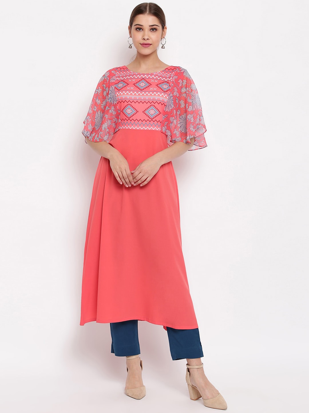 Janasya Women Coral Geometric Yoke Design Flared Sleeves Crepe Kurta