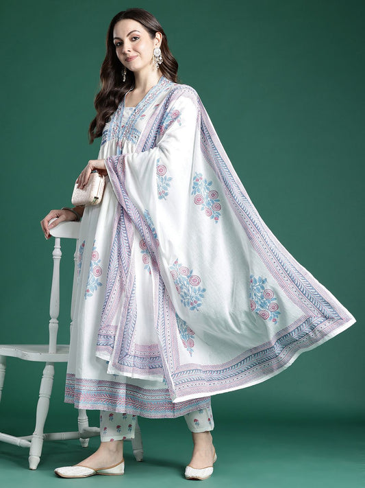 Indo Era Floral Printed Pure Cotton Kurta with Trousers & Dupatta