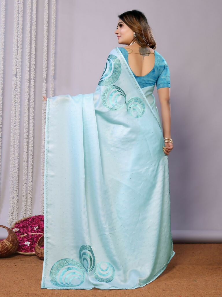 Sky Blue Organza Crepe Printed Stone Work Saree - Norita Saumya