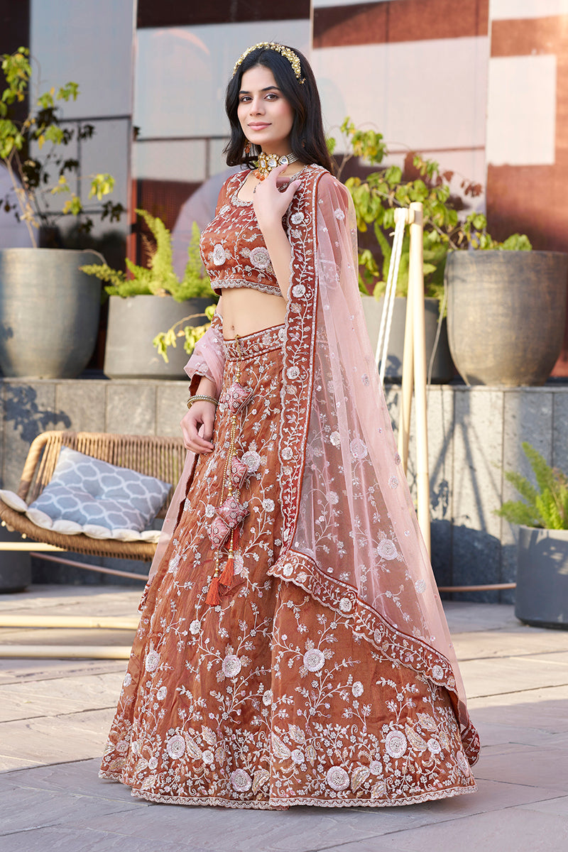 Monjolika Fashion Dark Orange Embroidered Silk Engagement A Line Lehenga Choli