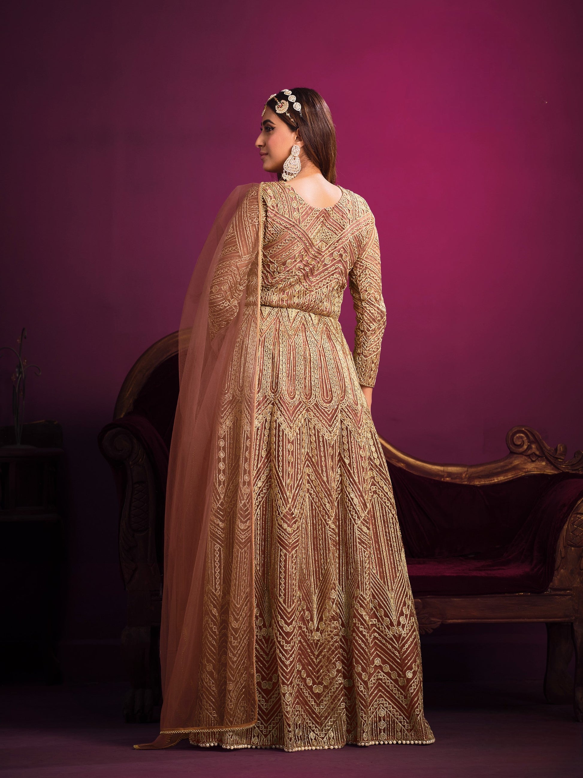 Anaita Orange Embroidered Net Anarkali Suit