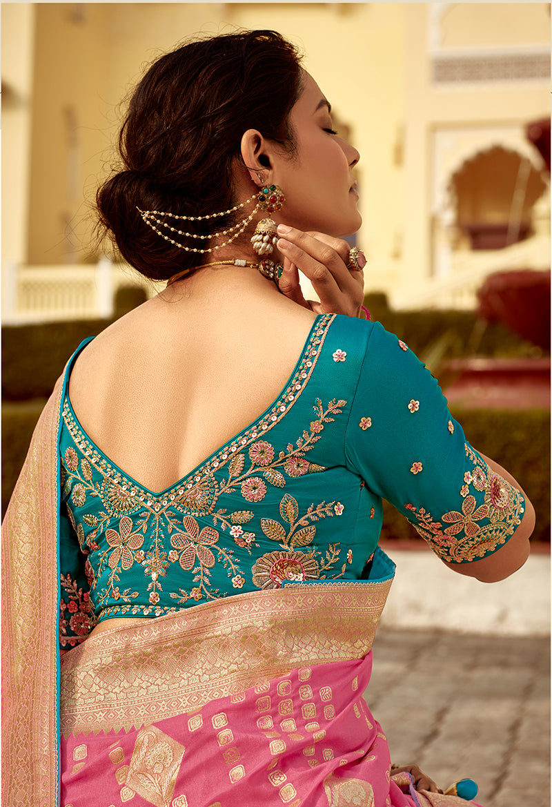 Monjolika Fashion Rose Pink Dola Silk Wedding Saree with Heavy Zari Weaving