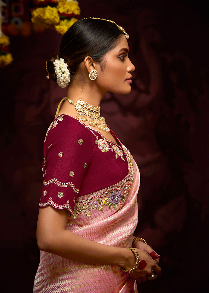 Monjolika Fashion Kanjivaram Silk Weaving Rose Pink Contemporary Saree