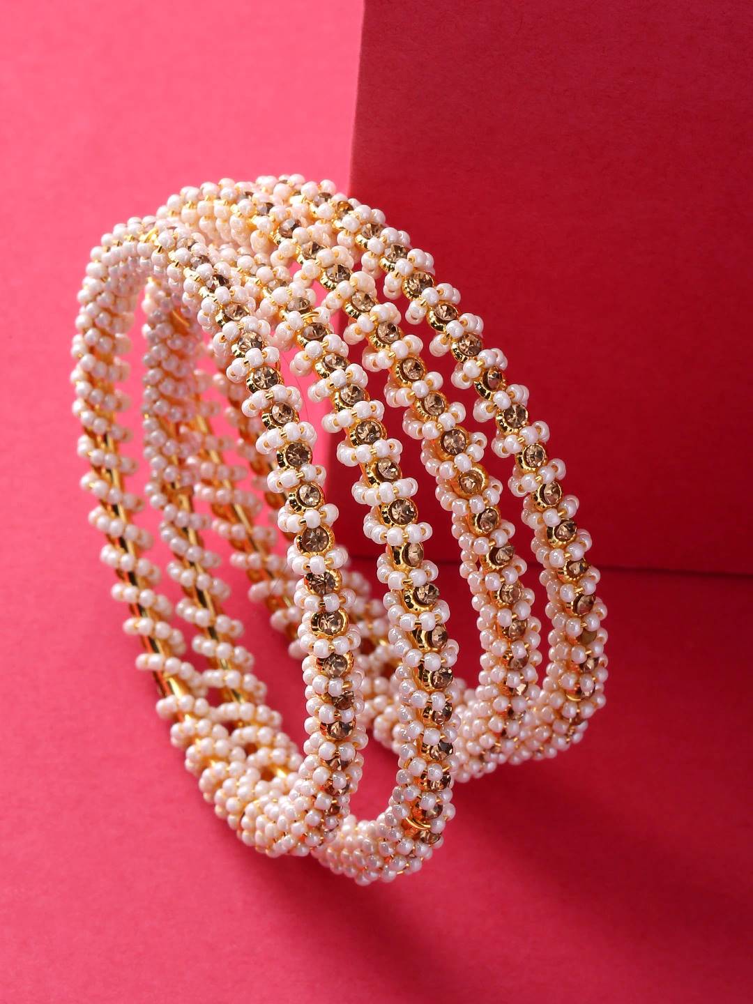 Gold-Polished Alloy Pearl And Rhinestones Studded Bangle Set - The Pari | Grab2Buy