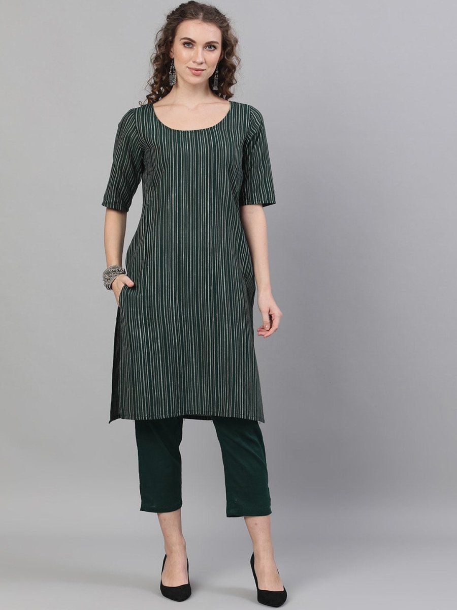 Aks Striped Round Neck Pure Cotton Straight Kurta And Trousers
