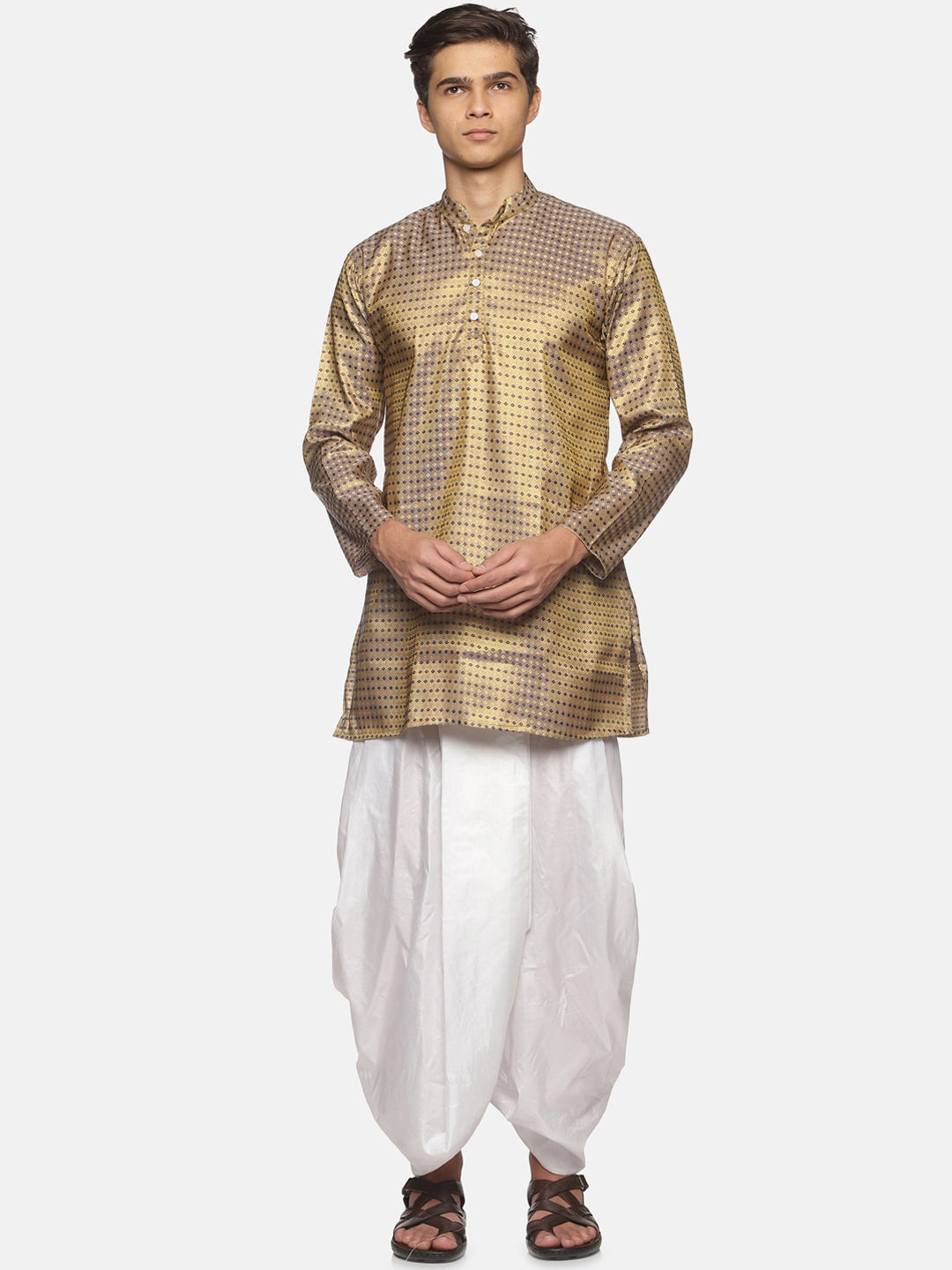 Sethukrishna Men Gold-Toned Bandhani Printed Art Silk Kurta with Dhoti Pants