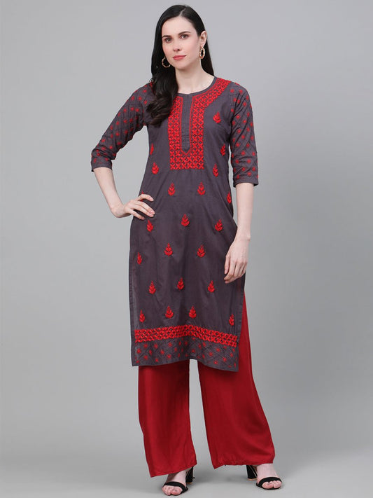 ADA Women Charcoal Grey & Red Chikankari Hand Embroidered Cotton Straight Sustainable Handloom Kurta 