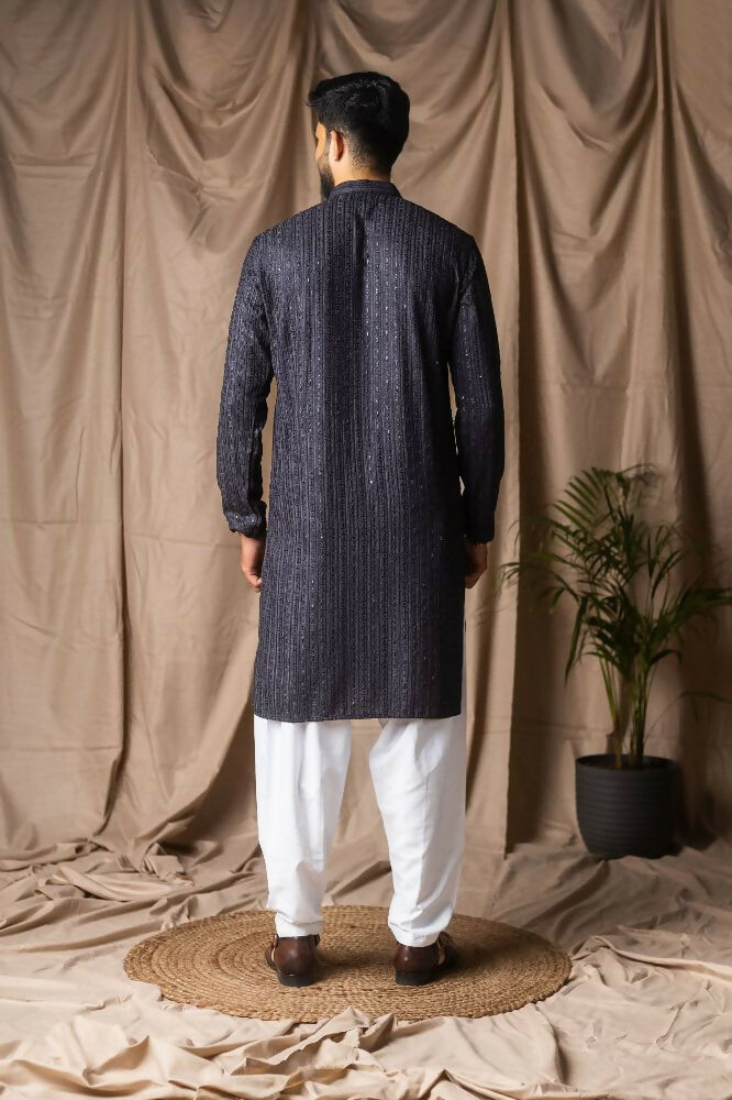 Dark Grey Rayon Thread Embroidery Work Kurta Set - Mahotsav