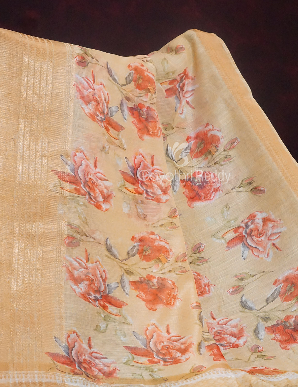 Shades of Wheat with Floral Design Semi Chanderi Grab2Buy By Gayathri Reddy Designer Studio 