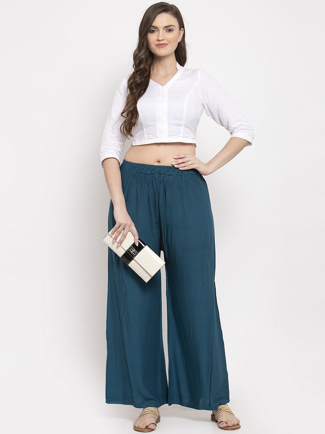 TAG 7 Women Set Of 2 Navy Blue & Peach-Coloured Solid Wide Leg Palazzos