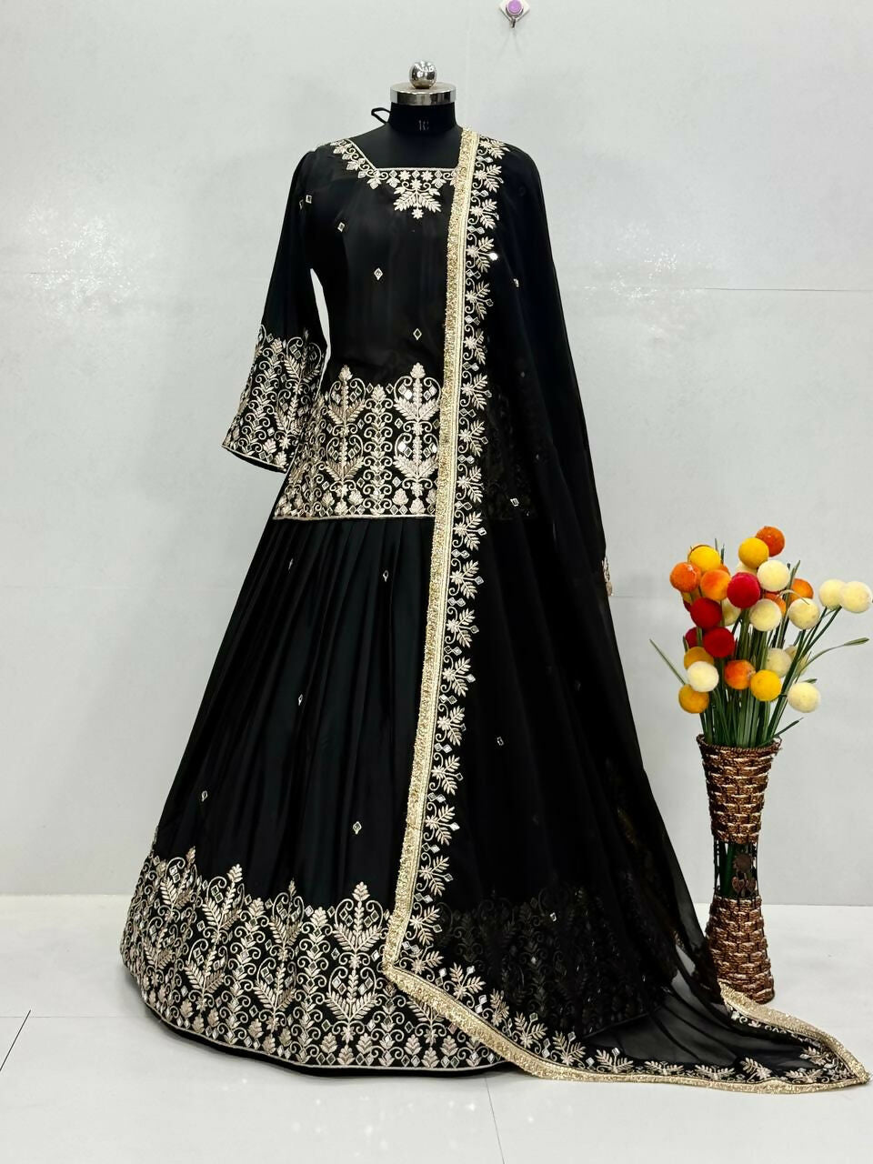 Teeya Creation New Trendy Heavy Embroidery Sequence Work With Real Mirror Hand Work Lehenga Set- Black