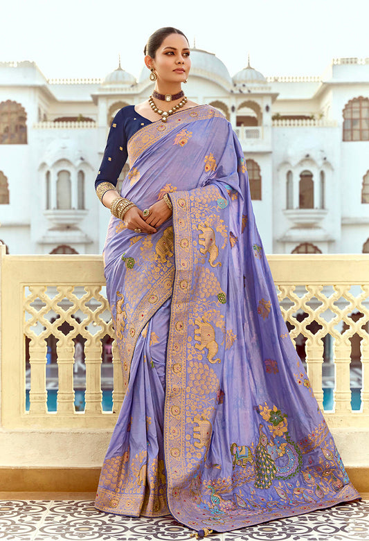 Monjolika Fashion Silk Blend Weaving Lavender Traditional Saree