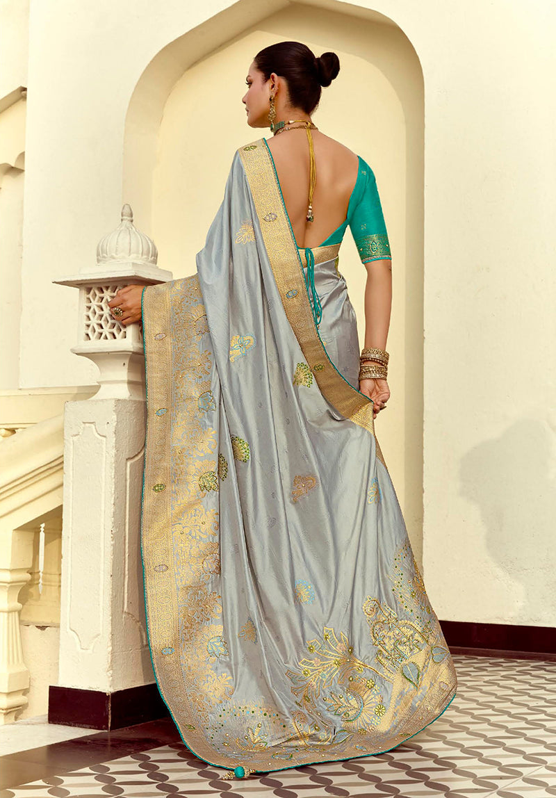 Monjolika Fashion Silk Blend Weaving Light Grey Traditional Saree