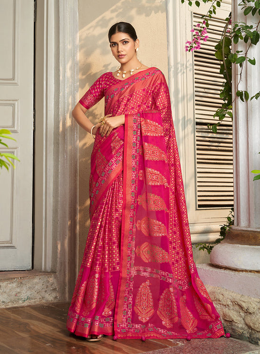 Monjolika Fashion Georgette Printed Rani Pink Classic Saree