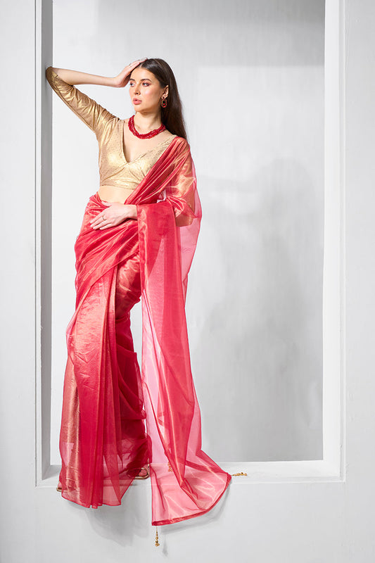 Monjolika Fashion Red Gold Tissue Net Fancy Party Wear Saree