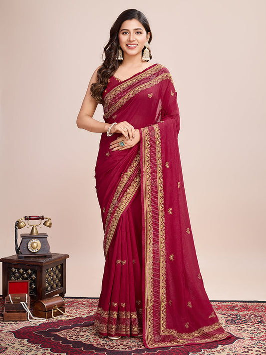 Monjolika Fashion Red Vichitra Silk Classic Saree with Embroidered Work