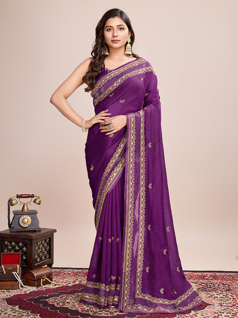 Monjolika Fashion Purple Vichitra Silk Classic Saree with Embroidered Work