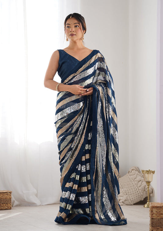 Monjolika Fashion Sequins Work Morpeach Georgette Festival Party Wear Saree