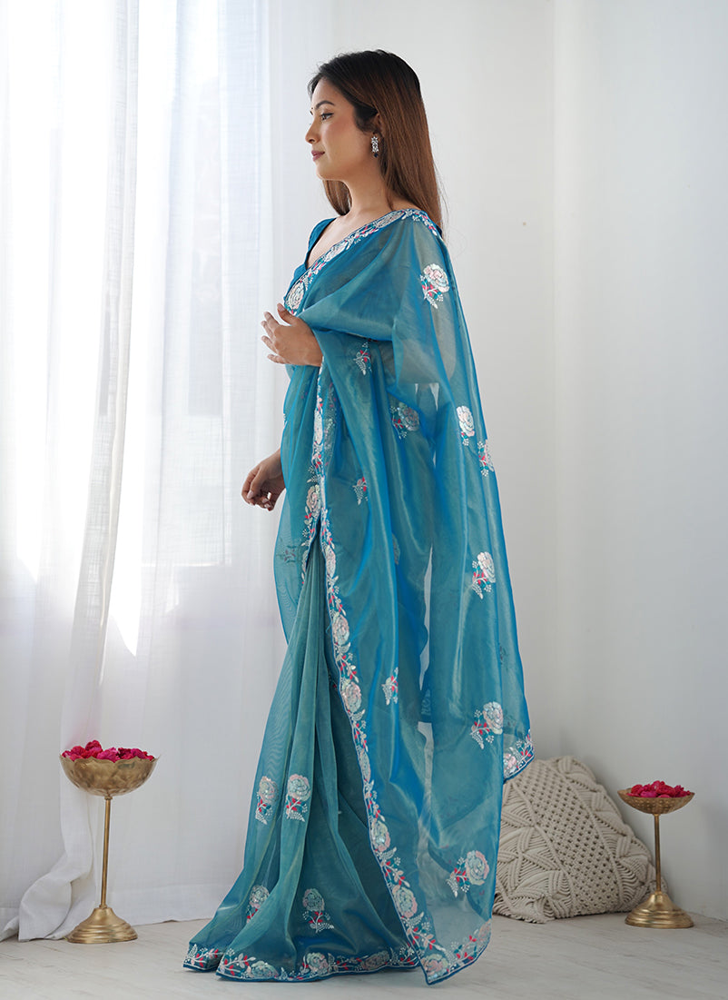 Monjolika Fashion Teal Blue Thread Embroidery Net Trendy Saree