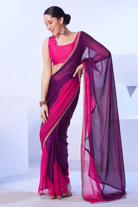 Monjolika Fashion Satin Moss Purple & Pink Colour Lace Designer Saree