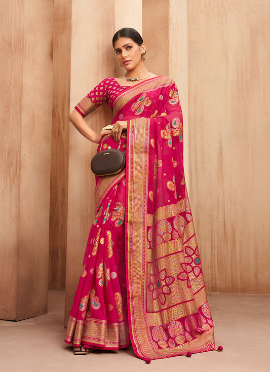 Monjolika Fashion Georgette Traditional Saree with Woven Work for Festival in Rani Pink