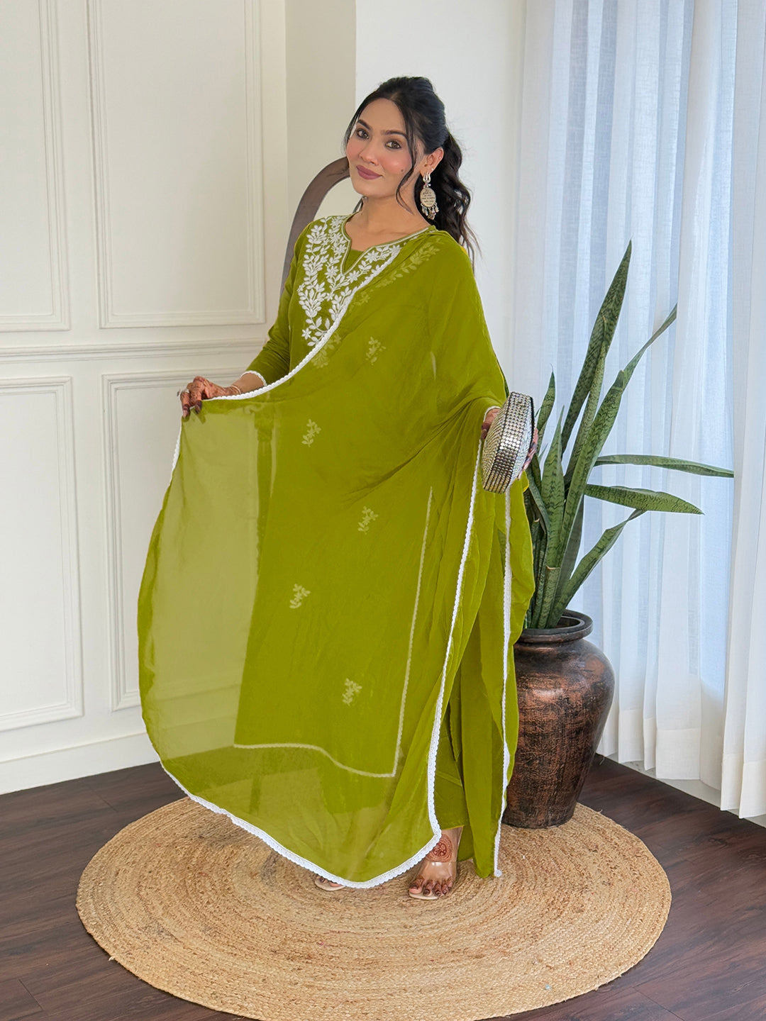 The52 Gorgeous Chikankari Work with Pure Cotton Fabric Straight Kurta, Pant and Dupatta Set 