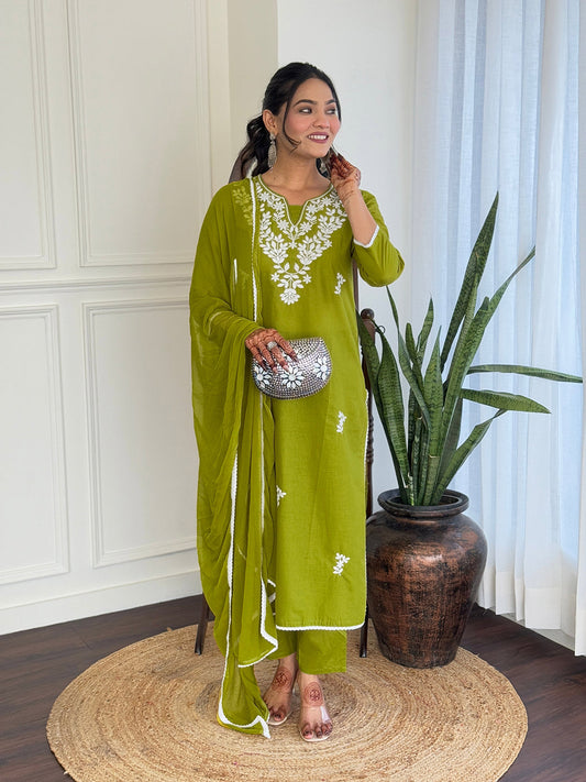 The52 Gorgeous Chikankari Work with Pure Cotton Fabric Straight Kurta, Pant and Dupatta Set 