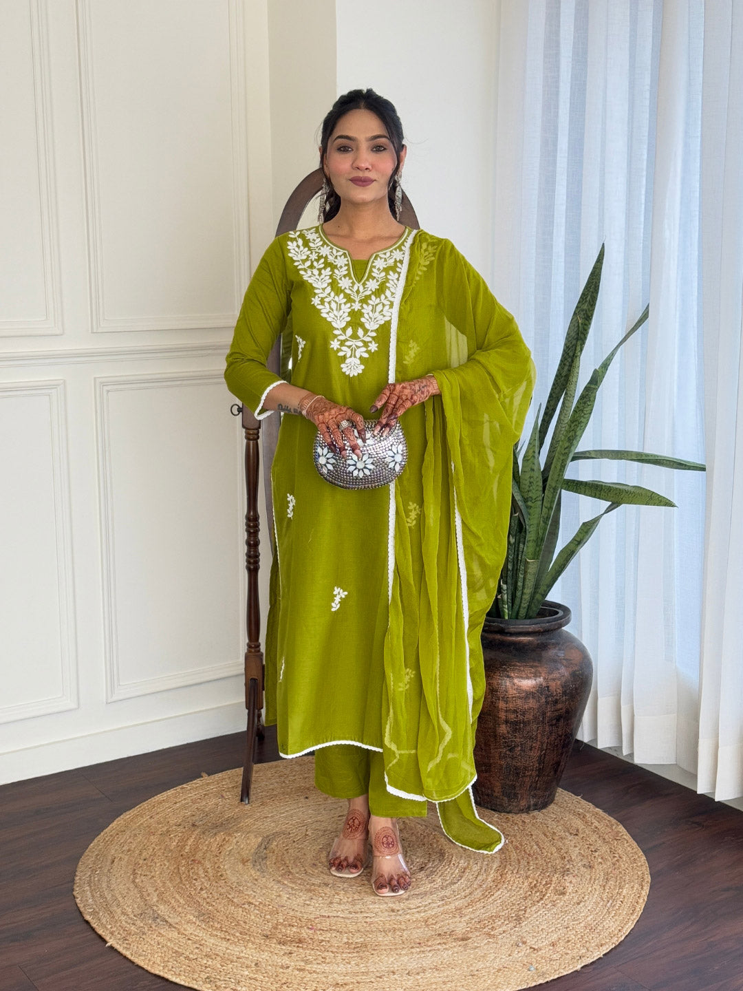The52 Gorgeous Chikankari Work with Pure Cotton Fabric Straight Kurta, Pant and Dupatta Set 