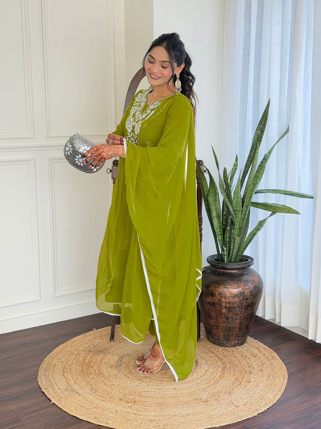 The52 Gorgeous Chikankari Work with Pure Cotton Fabric Straight Kurta, Pant and Dupatta Set 