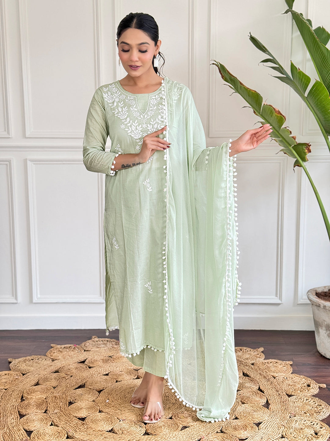 The52 Gorgeous Chikankari Work with Pure Cotton Fabric Straight Kurta, Pant and Dupatta Set 