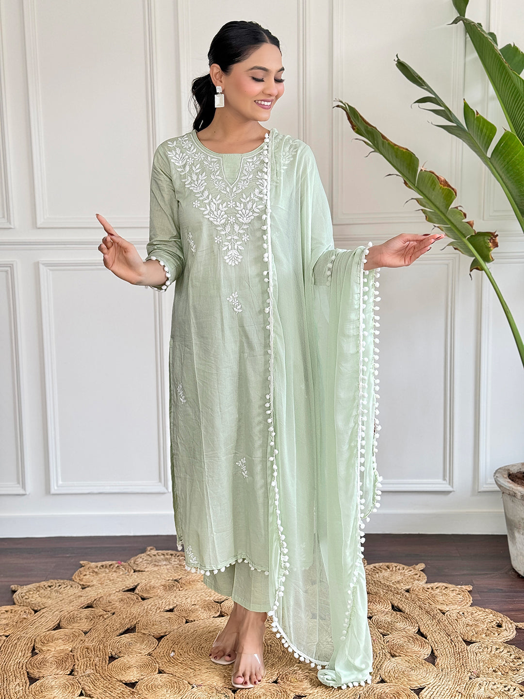 The52 Gorgeous Chikankari Work with Pure Cotton Fabric Straight Kurta, Pant and Dupatta Set 