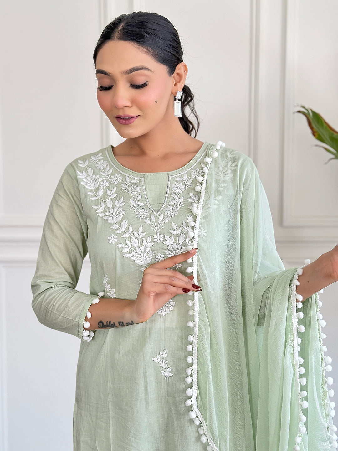 The52 Gorgeous Chikankari Work with Pure Cotton Fabric Straight Kurta, Pant and Dupatta Set 