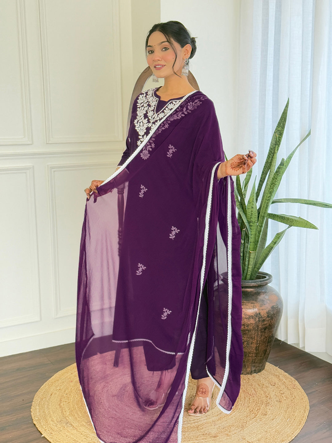 The52 Gorgeous Chikankari Work with Pure Cotton Fabric Straight Kurta, Pant and Dupatta Set 
