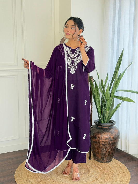 The52 Gorgeous Chikankari Work with Pure Cotton Fabric Straight Kurta, Pant and Dupatta Set 