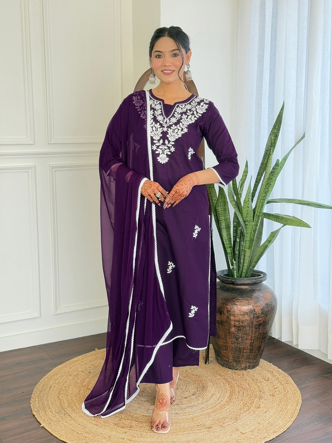 The52 Gorgeous Chikankari Work with Pure Cotton Fabric Straight Kurta, Pant and Dupatta Set 