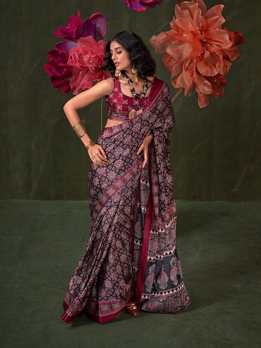 Monjolika Fashion Black Satin Crepe Printed Contemporary Saree