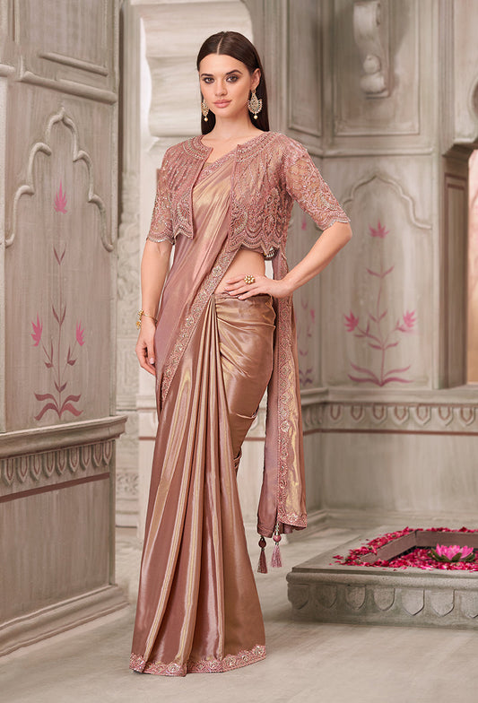 Monjolika Fashion Embroidered Brown Shimmer Satin Silk Classic Saree