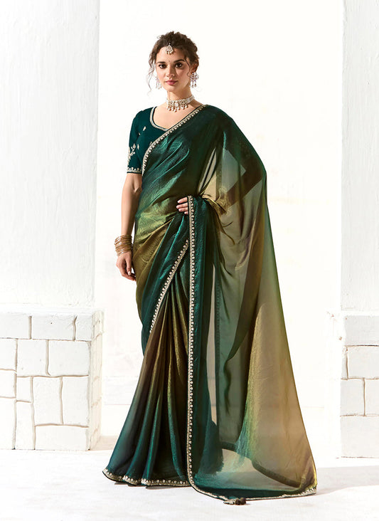 Monjolika Fashion Embroidered Sequins Tissue Organza Contemporary Saree in Dark Teal