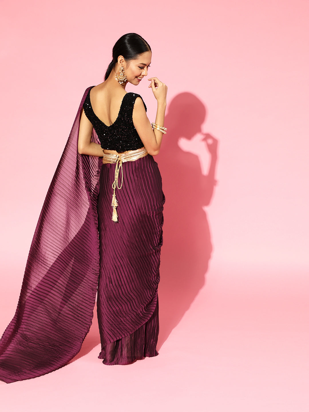 Saree Mall Burgundy Poly Georgette Party Wear Saree with Matching Blouse