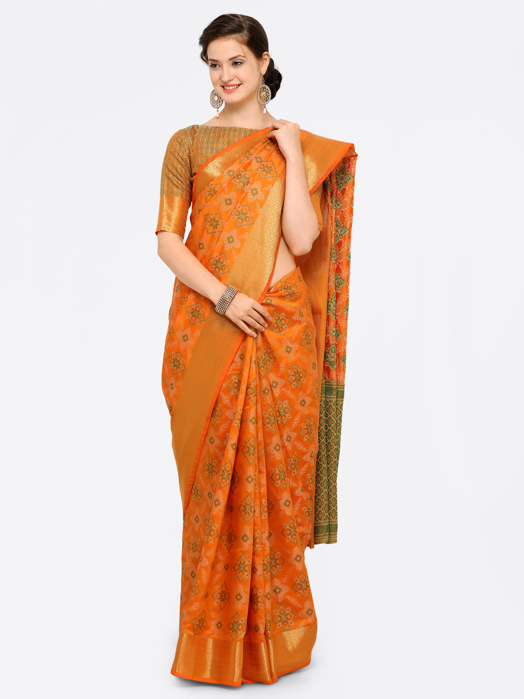 Saree Mall Yellow Silk Blend Patola Print Kanjeevaram Saree with Unstitched Blouse