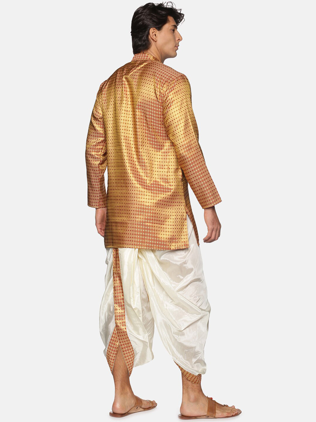 Sethukrishna Men Gold-Toned Striped Kurta with Dhoti Pants